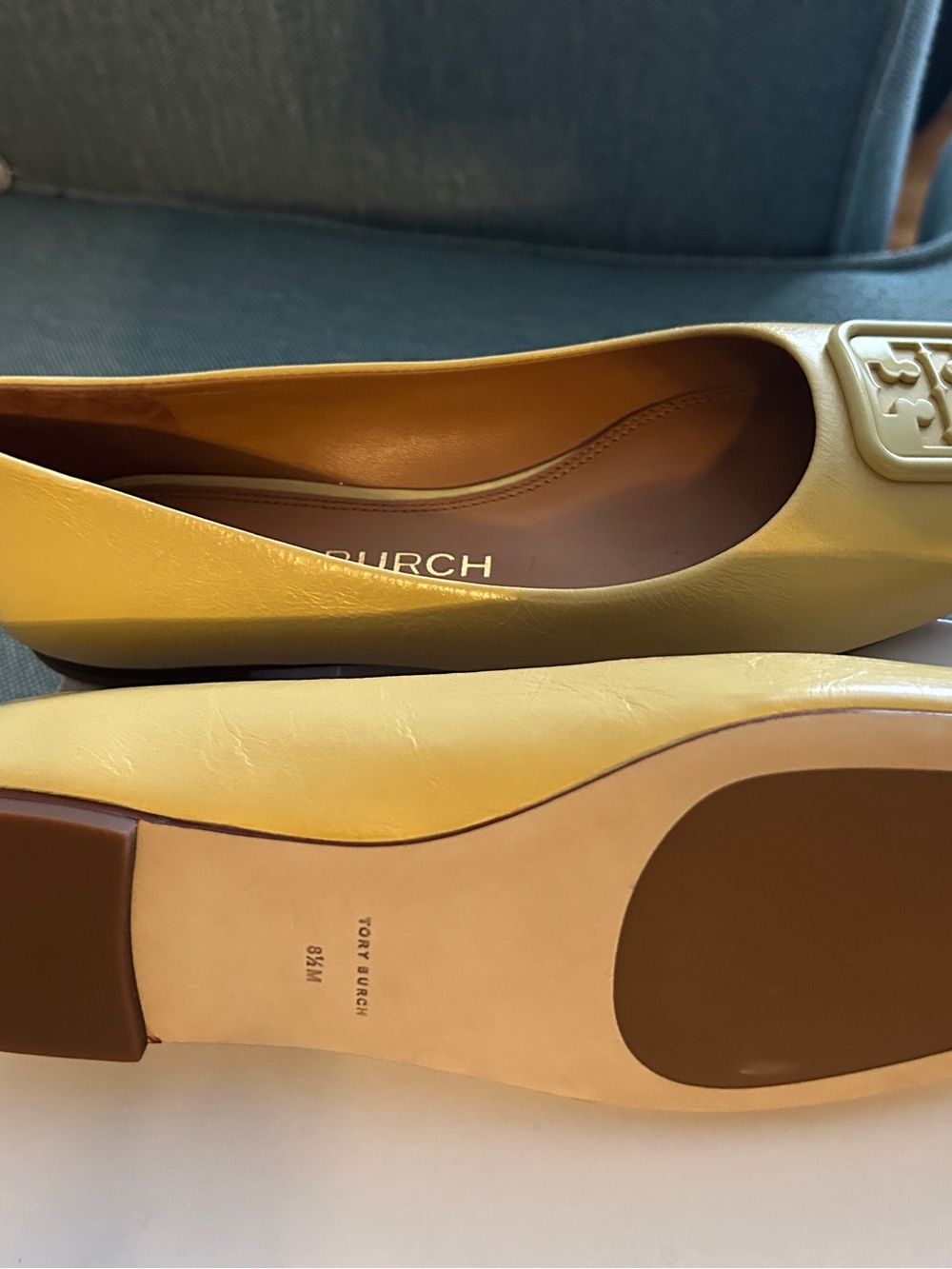 Tory Burch Lemon Yellow Logo Square-Toe Leather Flats - Picture 3 of 7